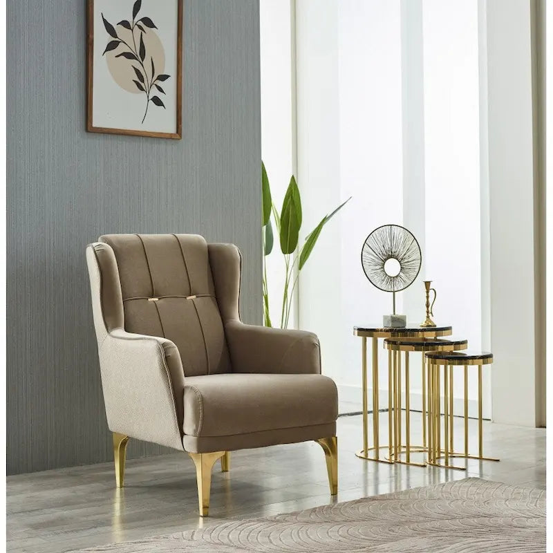 Juego de Sofá Cama Terciopelo Beige con Patas de Metal Dorado