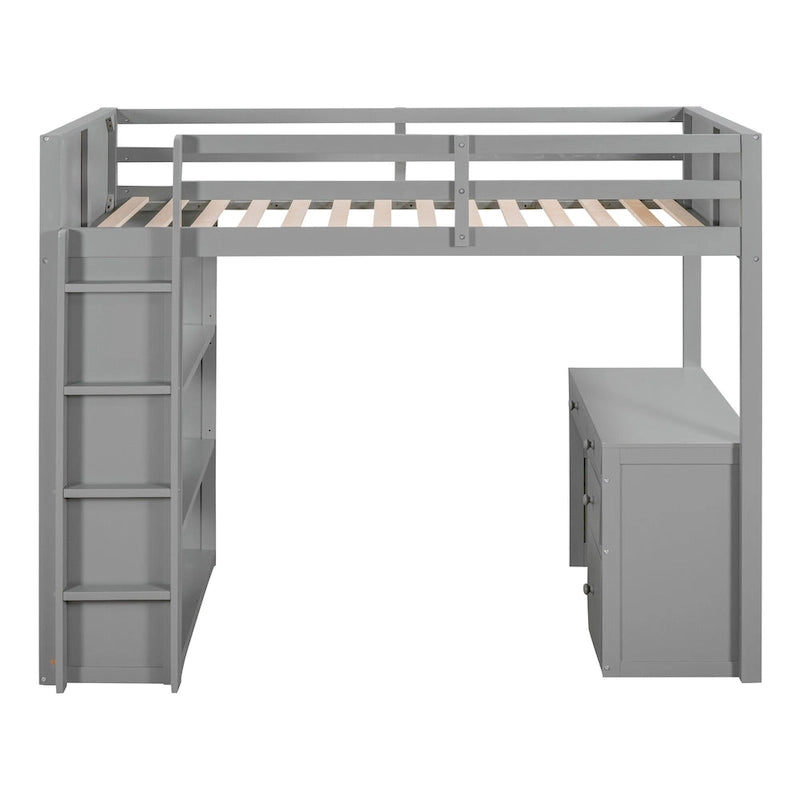 Cama alta individual con escritorio, 4 cajones, estantes y escalera