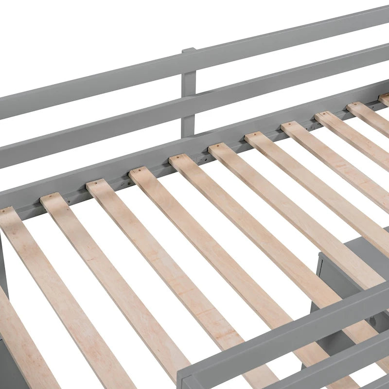 Cama alta individual con escritorio, 4 cajones, estantes y escalera