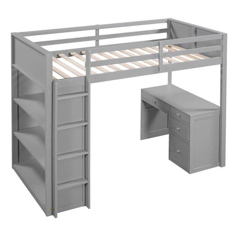 Cama alta individual con escritorio, 4 cajones, estantes y escalera
