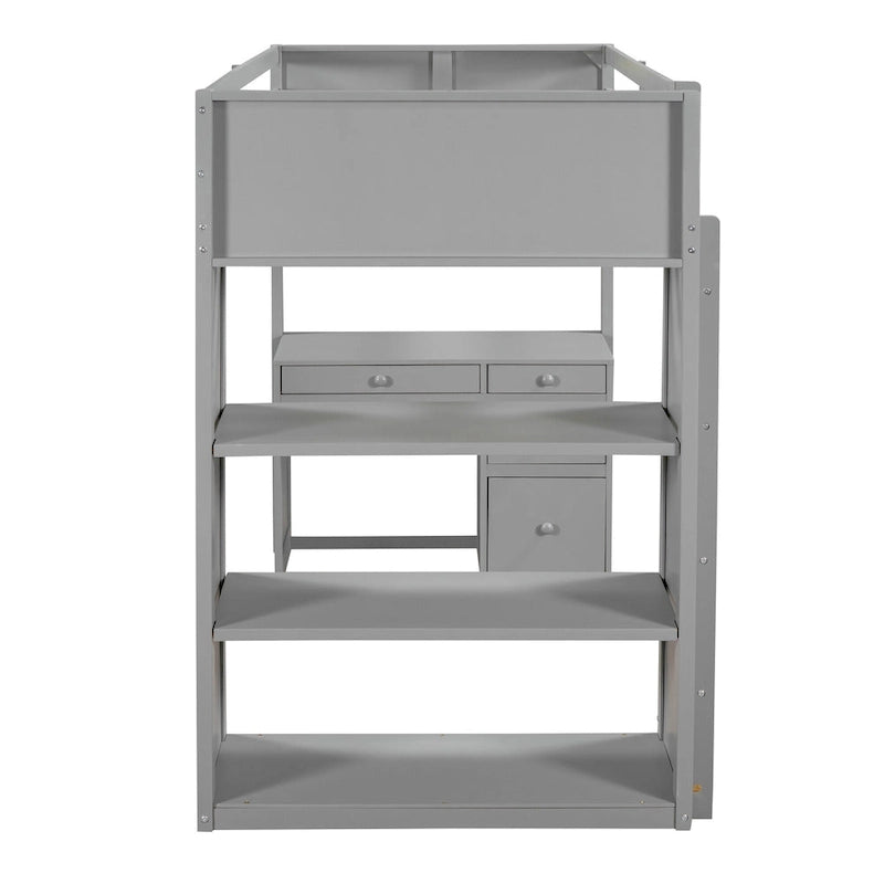 Cama alta individual con escritorio, 4 cajones, estantes y escalera