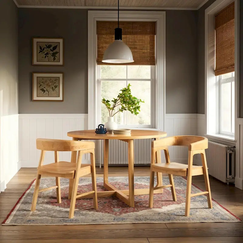 Mesa de comedor redonda de madera maciza con patas geométricas
